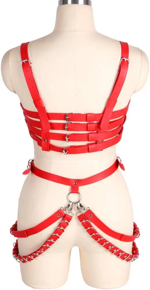 Women's Leather Body Harness Bra Garter Belt Set Punk Gothic Dance Carnival Costume Accessories
