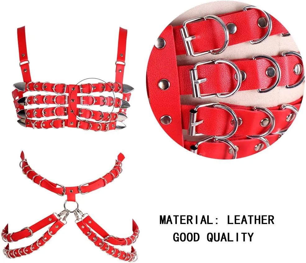 Women's Leather Body Harness Bra Garter Belt Set Punk Gothic Dance Carnival Costume Accessories