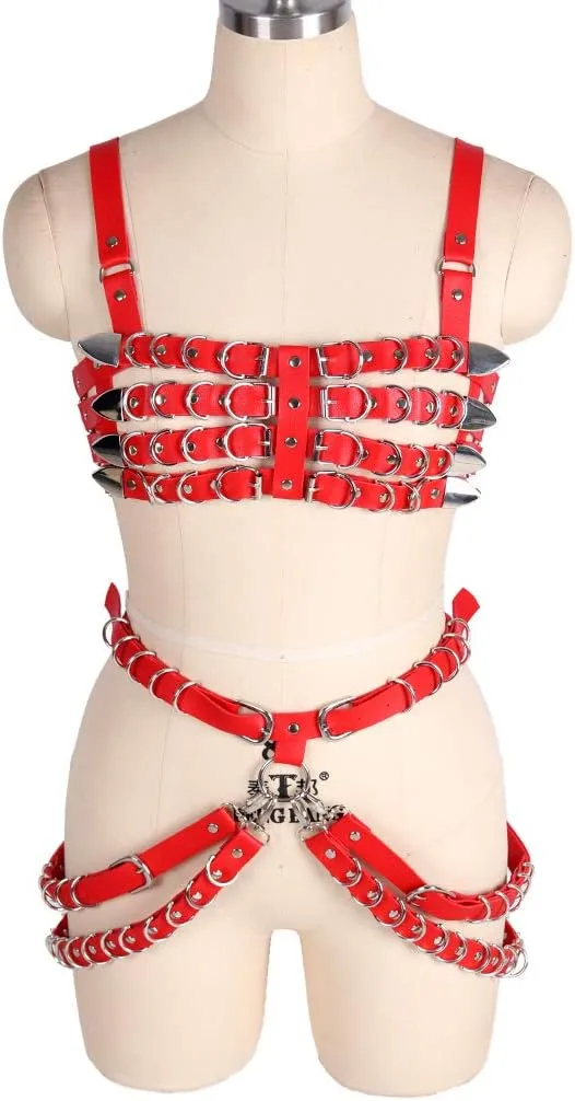 Women's Leather Body Harness Bra Garter Belt Set Punk Gothic Dance Carnival Costume Accessories