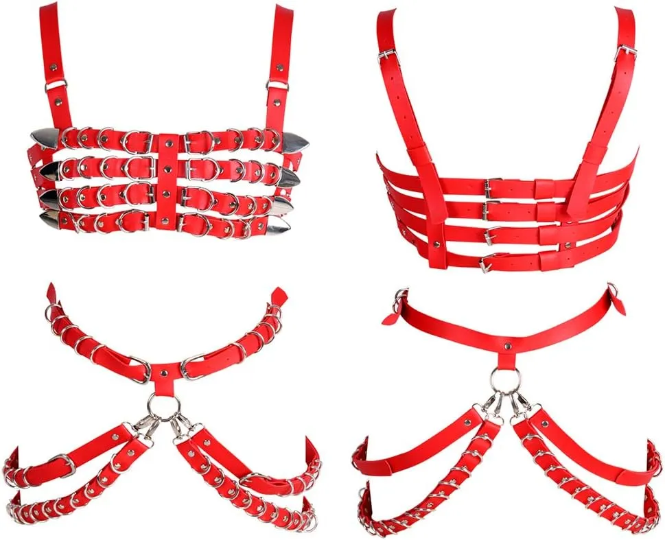 Women's Leather Body Harness Bra Garter Belt Set Punk Gothic Dance Carnival Costume Accessories