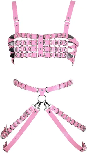Women's Leather Body Harness Bra Garter Belt Set Punk Gothic Dance Carnival Costume Accessories