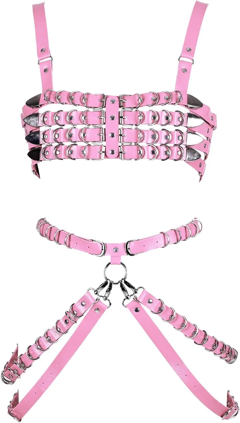 Women's Leather Body Harness Bra Garter Belt Set Punk Gothic Dance Carnival Costume Accessories