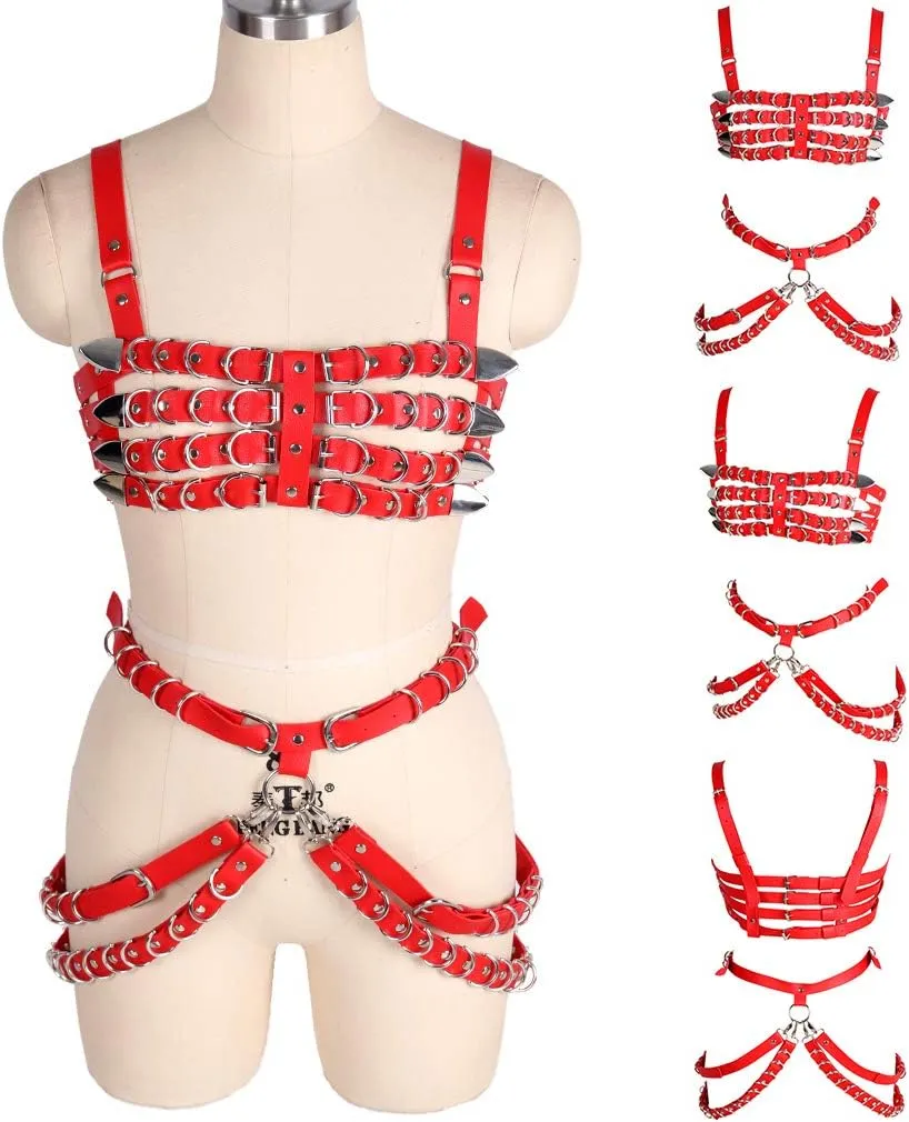 Women's Leather Body Harness Bra Garter Belt Set Punk Gothic Dance Carnival Costume Accessories