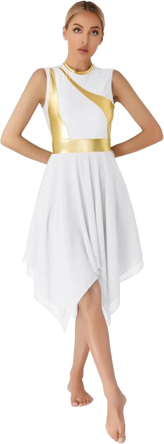 Womens Sleeveless Praise Dance Costume Irregular Hem Church Worship Dance Tunic Overlays