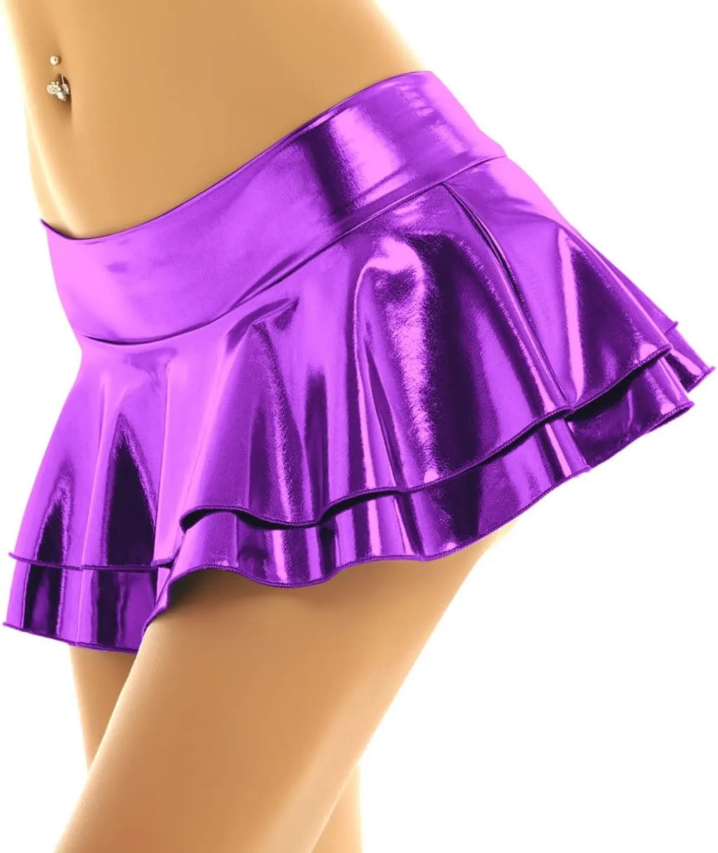 Women's Solid Novelty Metallic Pleated Mini Skirt Double Layer Tutu Flare Dance Dresses