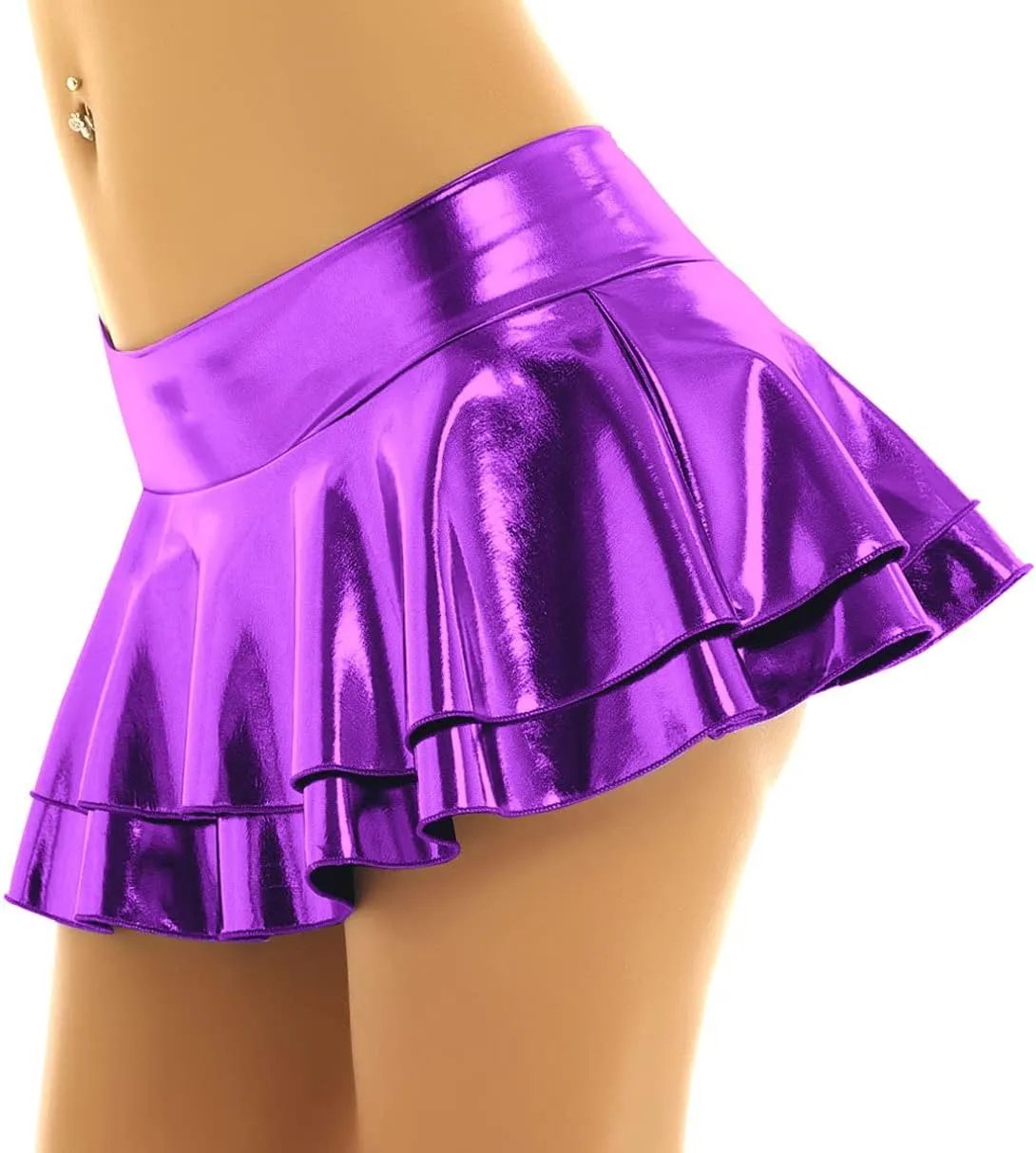 Women's Solid Novelty Metallic Pleated Mini Skirt Double Layer Tutu Flare Dance Dresses
