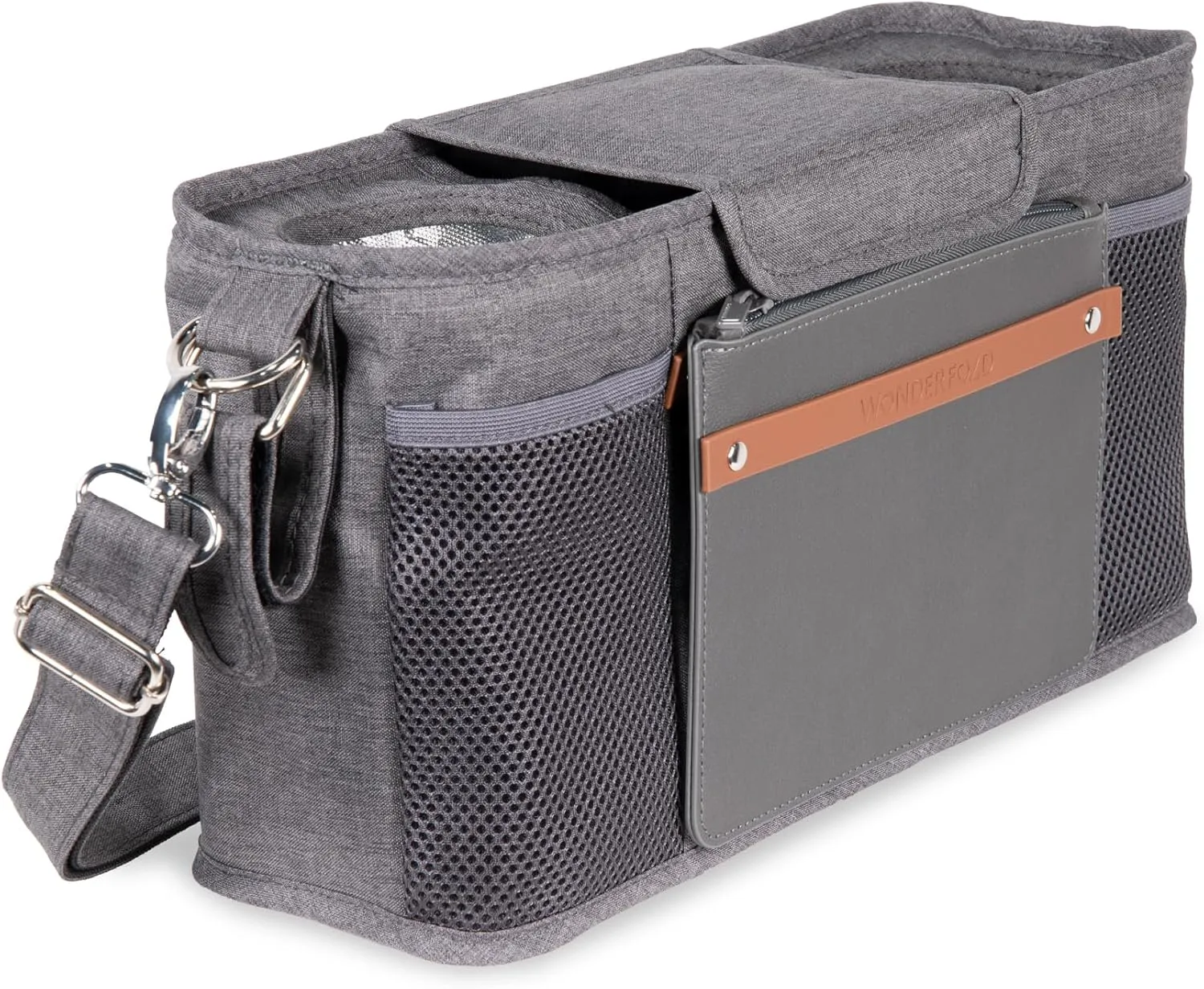 WONDERFOLD Universal Parent Console Stroller Organizer with Insulated Cup Holders, Hook & Loop Closure Handle Attachment, 2 Storage Pockets, Removable Shoulder Strap for Easy Transport