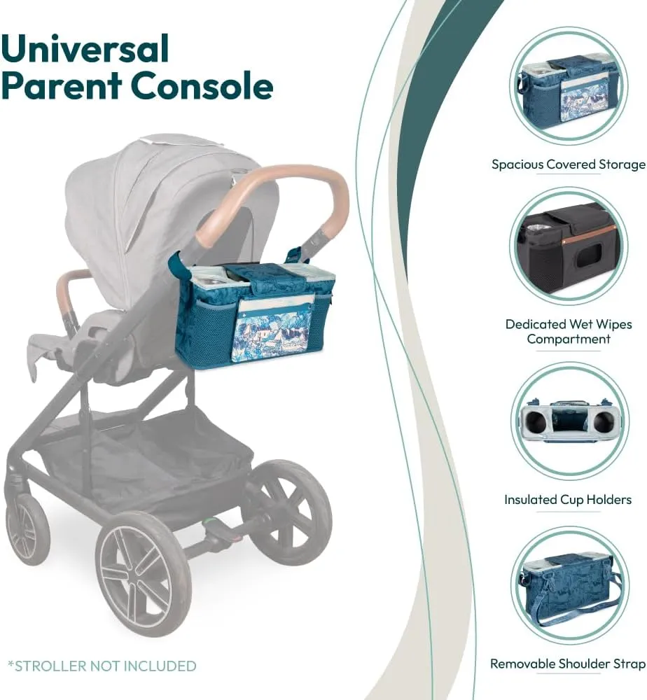 WONDERFOLD Universal Parent Console Stroller Organizer with Insulated Cup Holders, Hook & Loop Closure Handle Attachment, 2 Storage Pockets, Removable Shoulder Strap for Easy Transport