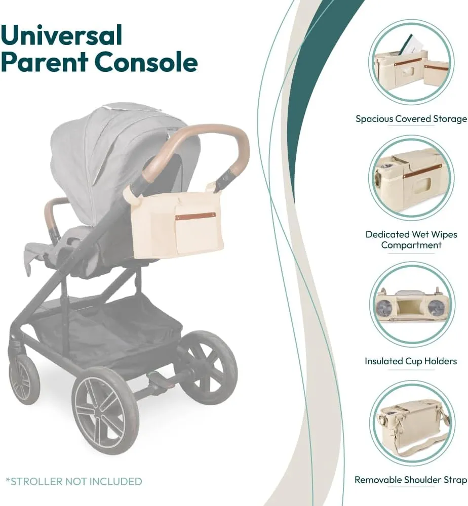 WONDERFOLD Universal Parent Console Stroller Organizer with Insulated Cup Holders, Hook & Loop Closure Handle Attachment, 2 Storage Pockets, Removable Shoulder Strap for Easy Transport