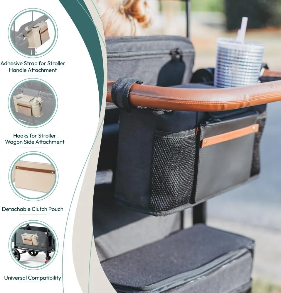 WONDERFOLD Universal Parent Console Stroller Organizer with Insulated Cup Holders, Hook & Loop Closure Handle Attachment, 2 Storage Pockets, Removable Shoulder Strap for Easy Transport