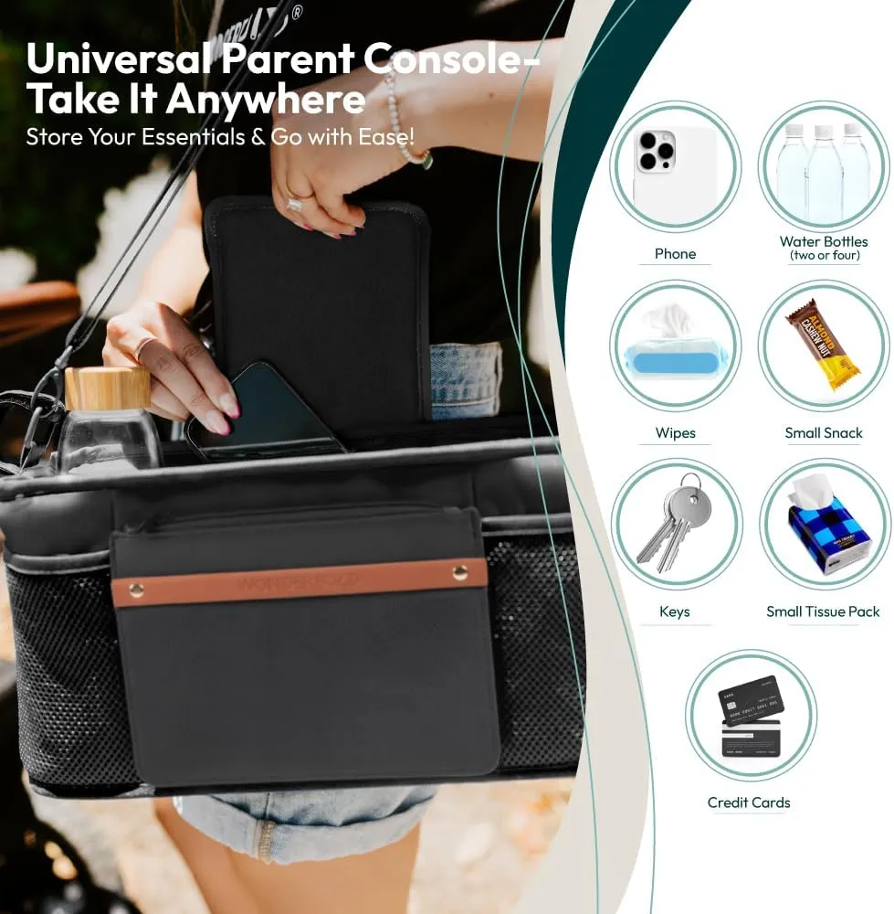 WONDERFOLD Universal Parent Console Stroller Organizer with Insulated Cup Holders, Hook & Loop Closure Handle Attachment, 2 Storage Pockets, Removable Shoulder Strap for Easy Transport