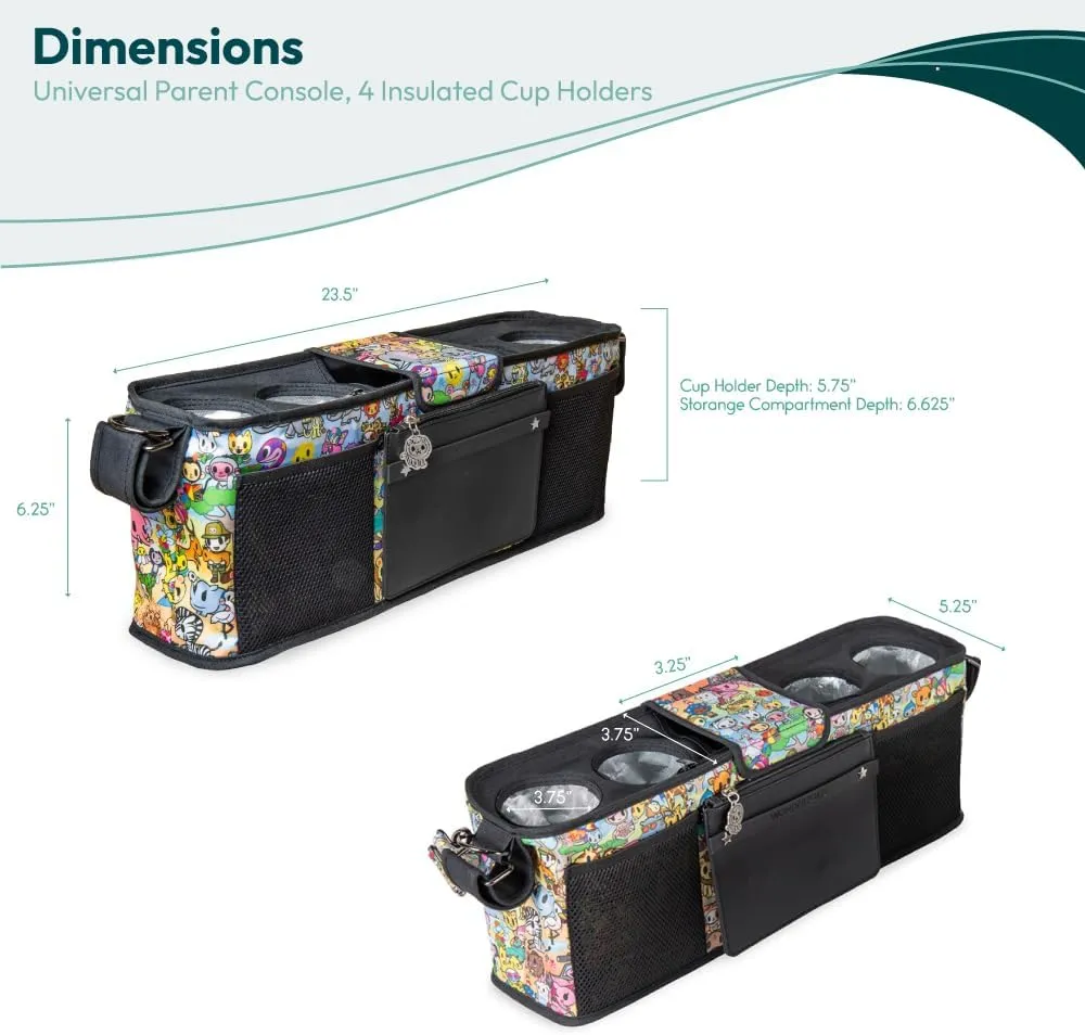 WONDERFOLD Universal Parent Console Stroller Organizer with Insulated Cup Holders, Hook & Loop Closure Handle Attachment, 2 Storage Pockets, Removable Shoulder Strap for Easy Transport