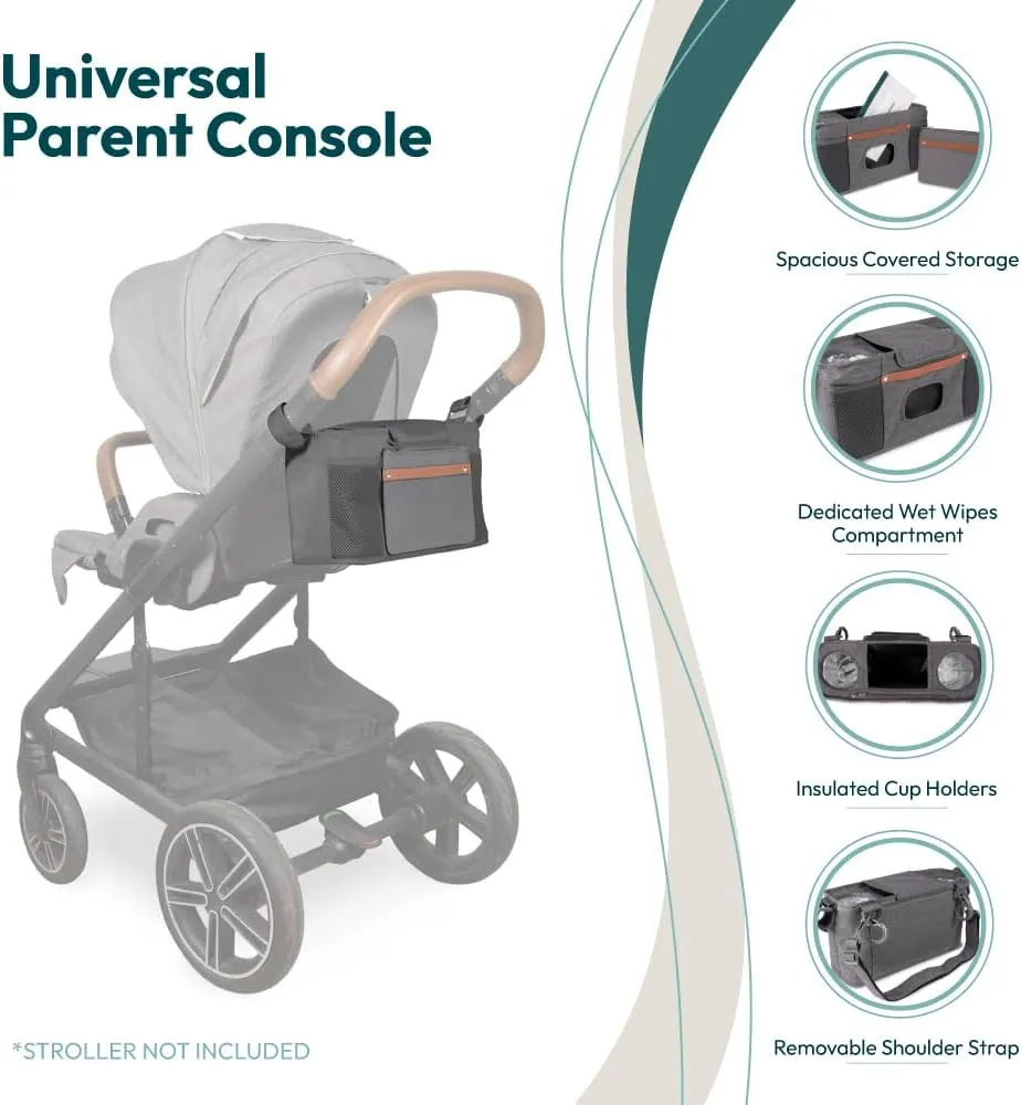 WONDERFOLD Universal Parent Console Stroller Organizer with Insulated Cup Holders, Hook & Loop Closure Handle Attachment, 2 Storage Pockets, Removable Shoulder Strap for Easy Transport