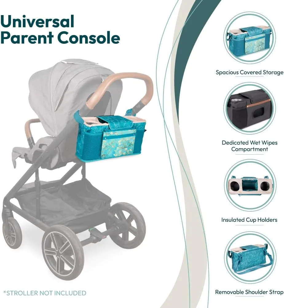 WONDERFOLD Universal Parent Console Stroller Organizer with Insulated Cup Holders, Hook & Loop Closure Handle Attachment, 2 Storage Pockets, Removable Shoulder Strap for Easy Transport