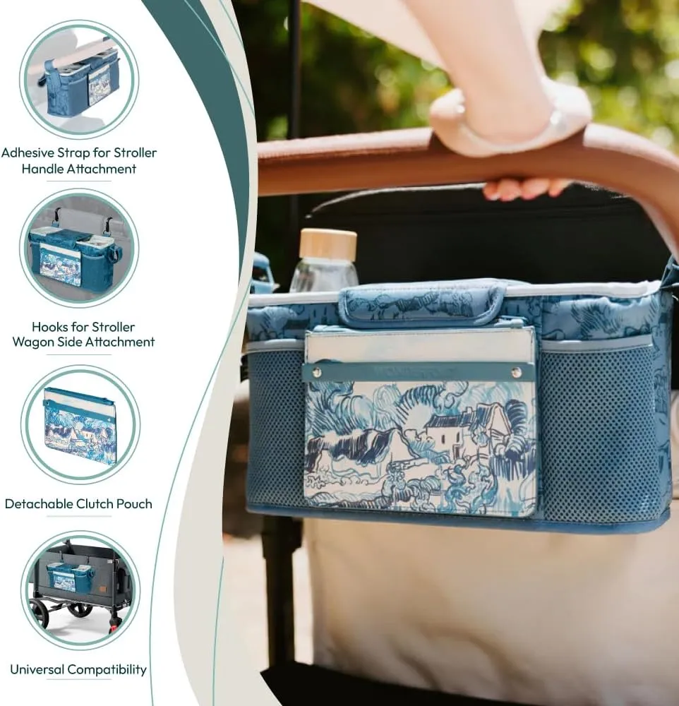 WONDERFOLD Universal Parent Console Stroller Organizer with Insulated Cup Holders, Hook & Loop Closure Handle Attachment, 2 Storage Pockets, Removable Shoulder Strap for Easy Transport