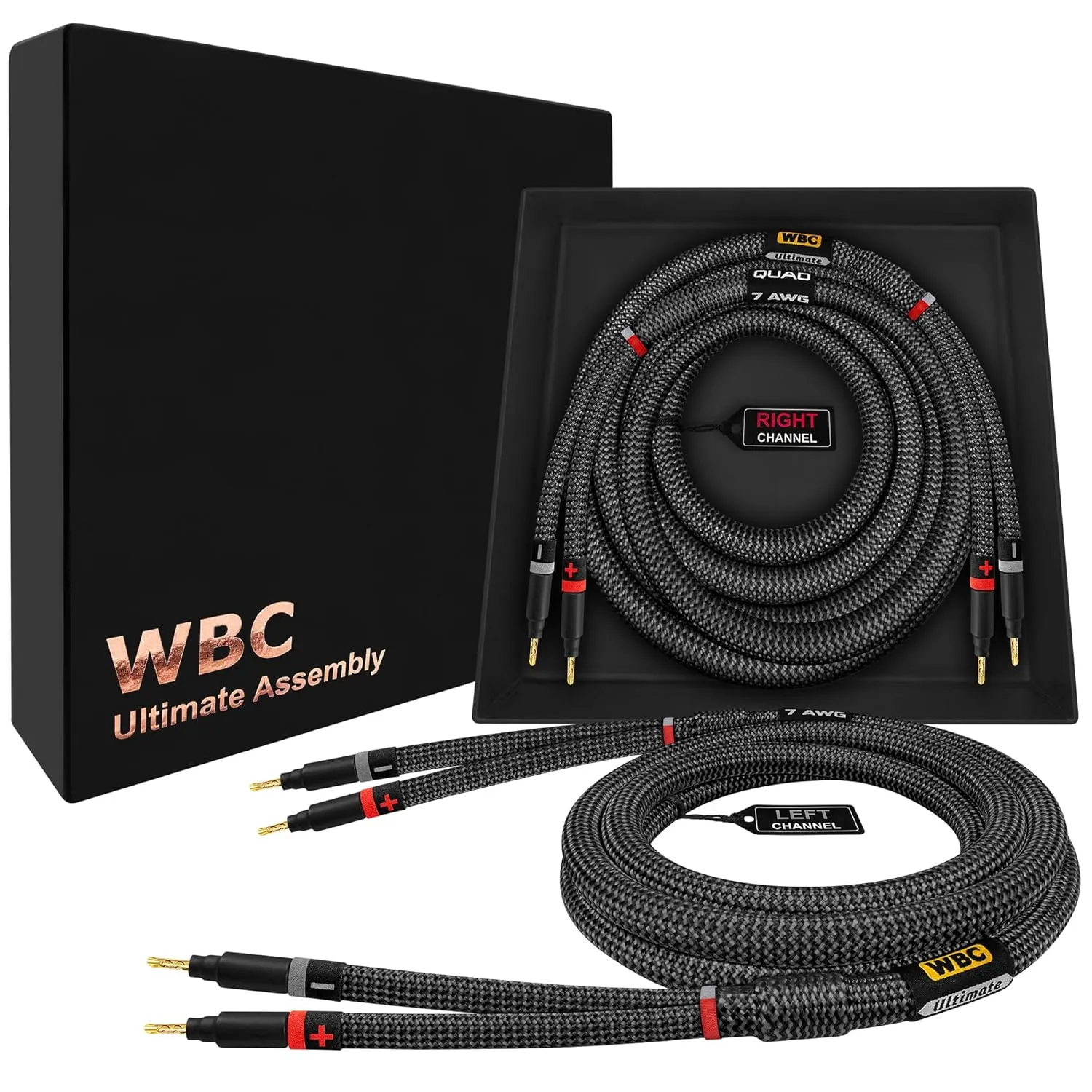 WORLDS BEST CABLES 10 Foot Ultimate - 7 AWG - Ultra-Pure OFC – Extra Premium Audiophile HiFi Speaker Cable Pair with Eminence Gold Banana Plugs & Carbon Tweed Jacket