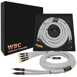 WORLDS BEST CABLES 10 Foot Ultimate - 9 AWG - Ultra-Pure OFC - Premium Audiophile HiFi Bi-Wire Speaker Cable Pair with Eminence Gold Banana (x2) & Spade (x4) Plugs & Silver Tweed Jacket