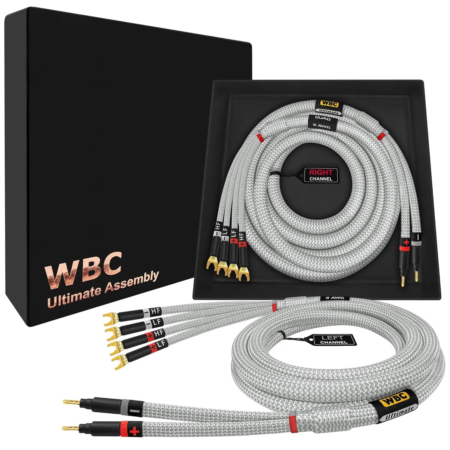 WORLDS BEST CABLES 10 Foot Ultimate - 9 AWG - Ultra-Pure OFC - Premium Audiophile HiFi Bi-Wire Speaker Cable Pair with Eminence Gold Banana (x2) & Spade (x4) Plugs & Silver Tweed Jacket
