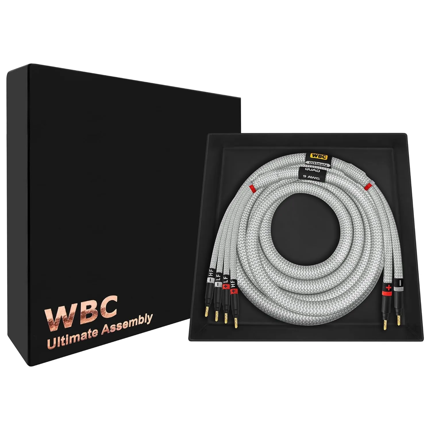WORLDS BEST CABLES 12 Foot Ultimate - 9 AWG - Ultra-Pure OFC - Premium Audiophile HiFi Bi-Wire Single Speaker Cable for Center Channel with Eminence Gold Banana Plugs & Silver Tweed Jacket