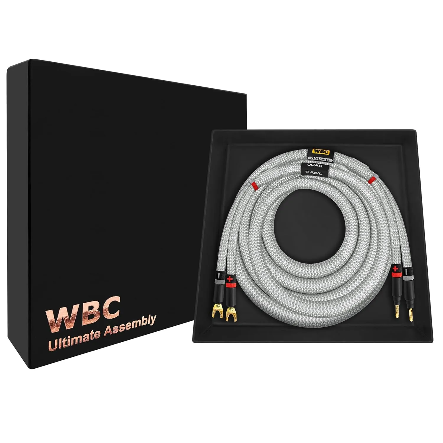 WORLDS BEST CABLES 12 Foot Ultimate - 9 AWG - Ultra-Pure OFC - Premium Audiophile HiFi Speaker Cable for Center Channel with Eminence Gold Banana (x2) & Spade (x2) Plugs & Silver Tweed Jacket