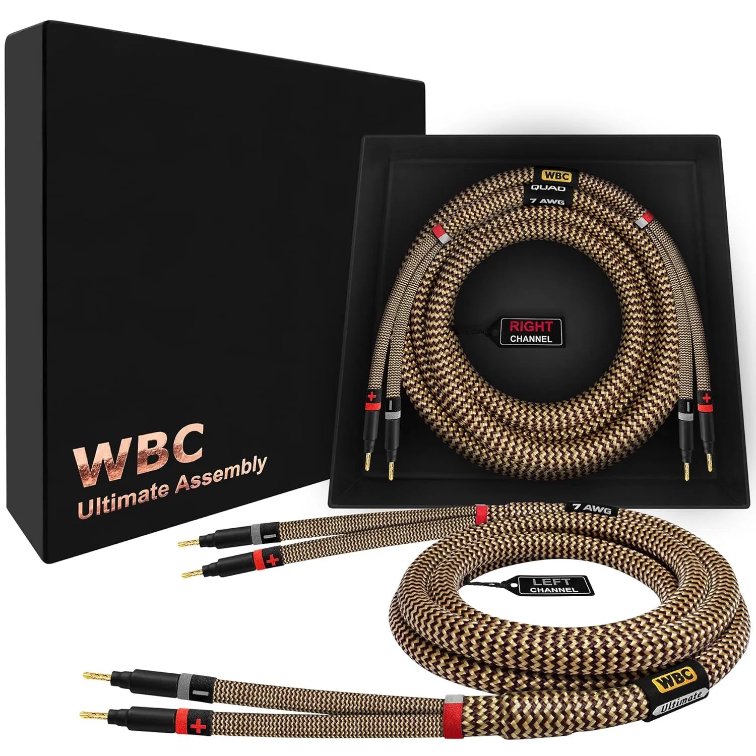 WORLDS BEST CABLES 15 Foot Ultimate - 7 AWG - Ultra-Pure OFC – Extra Premium Audiophile HiFi Speaker Cable Pair with Eminence Gold Banana Plugs & TnBrwn Tweed Jacket