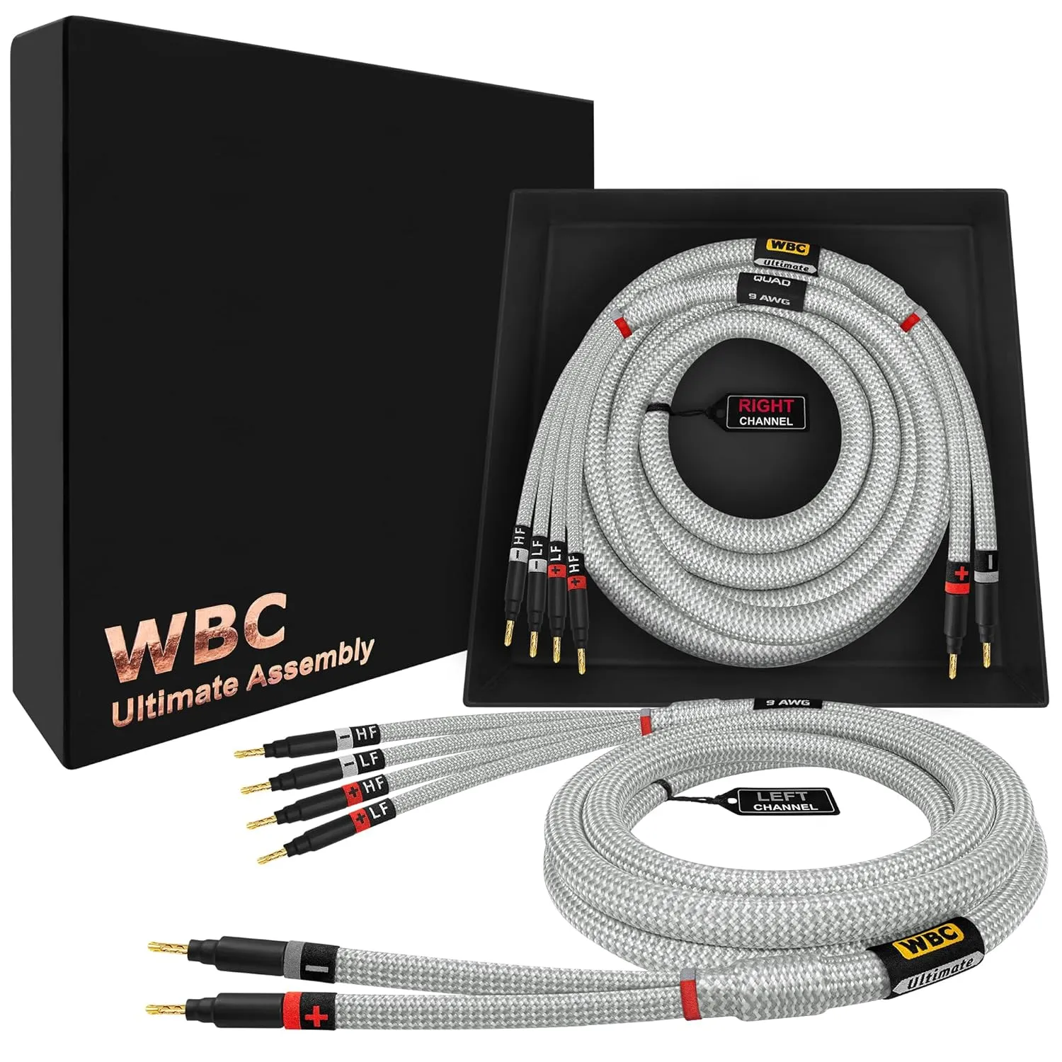 WORLDS BEST CABLES 3 Foot Ultimate - 9 AWG - Ultra-Pure OFC - Premium Audiophile HiFi Bi-Wire Speaker Cable Pair with Eminence Gold Banana Plugs & Silver Tweed Jacket
