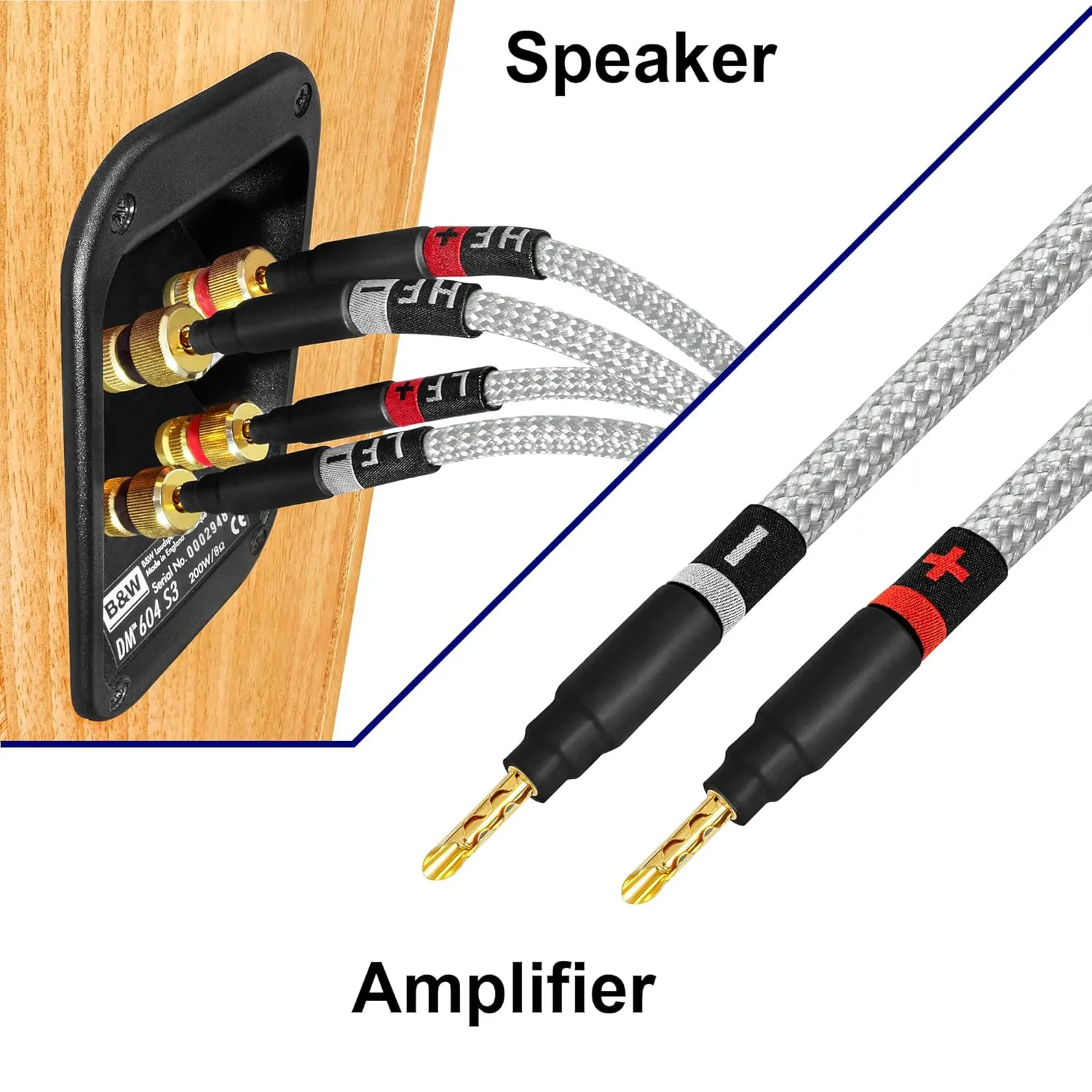 WORLDS BEST CABLES 3 Foot Ultimate - 9 AWG - Ultra-Pure OFC - Premium Audiophile HiFi Bi-Wire Speaker Cable Pair with Eminence Gold Banana Plugs & Silver Tweed Jacket