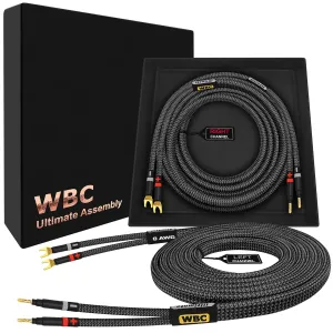 WORLDS BEST CABLES 4 Foot Ultimate - 8 AWG - Ultra-Pure OFC - Premium Audiophile HiFi Speaker Cable Pair with Eminence Gold Banana (x2) & Spade (x2) Plugs & Carbon Tweed Jacket