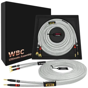 WORLDS BEST CABLES 4 Foot Ultimate - 8 AWG - Ultra-Pure OFC - Premium Audiophile HiFi Speaker Cable Pair with Eminence Gold Banana (x2) & Spade (x2) Plugs & Silver Tweed Jacket