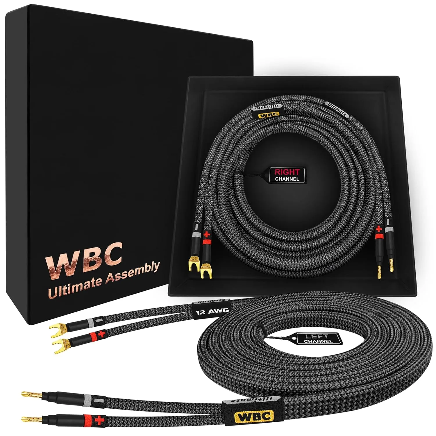 WORLDS BEST CABLES 5 Foot Ultimate - 12 AWG - Ultra-Pure OFC - Premium Audiophile HiFi Speaker Cable Pair with Eminence Gold Banana (x2) & Spade (x2) Plugs & Carbon Tweed Jacket