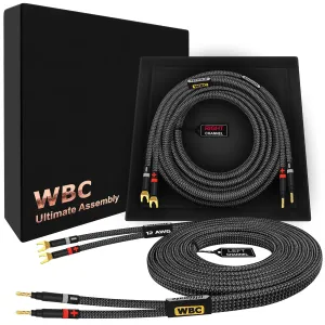WORLDS BEST CABLES 5 Foot Ultimate - 12 AWG - Ultra-Pure OFC - Premium Audiophile HiFi Speaker Cable Pair with Eminence Gold Banana (x2) & Spade (x2) Plugs & Carbon Tweed Jacket