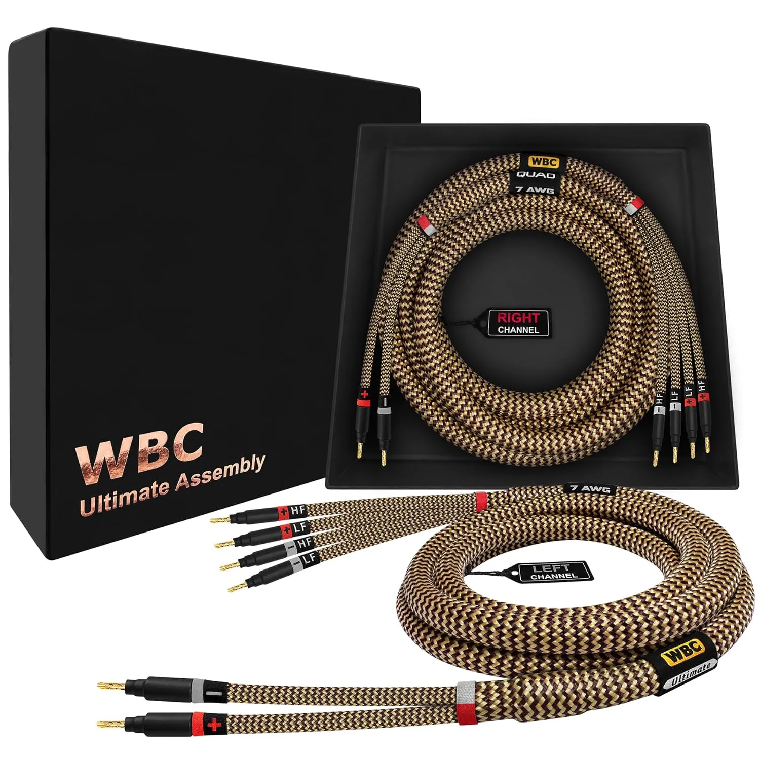 WORLDS BEST CABLES 6 Foot Ultimate - 7 AWG - Ultra-Pure OFC – Extra Premium Audiophile HiFi Bi-Wire Speaker Cable Pair with Eminence Gold Banana Plugs & TnBrwn Tweed Jacket