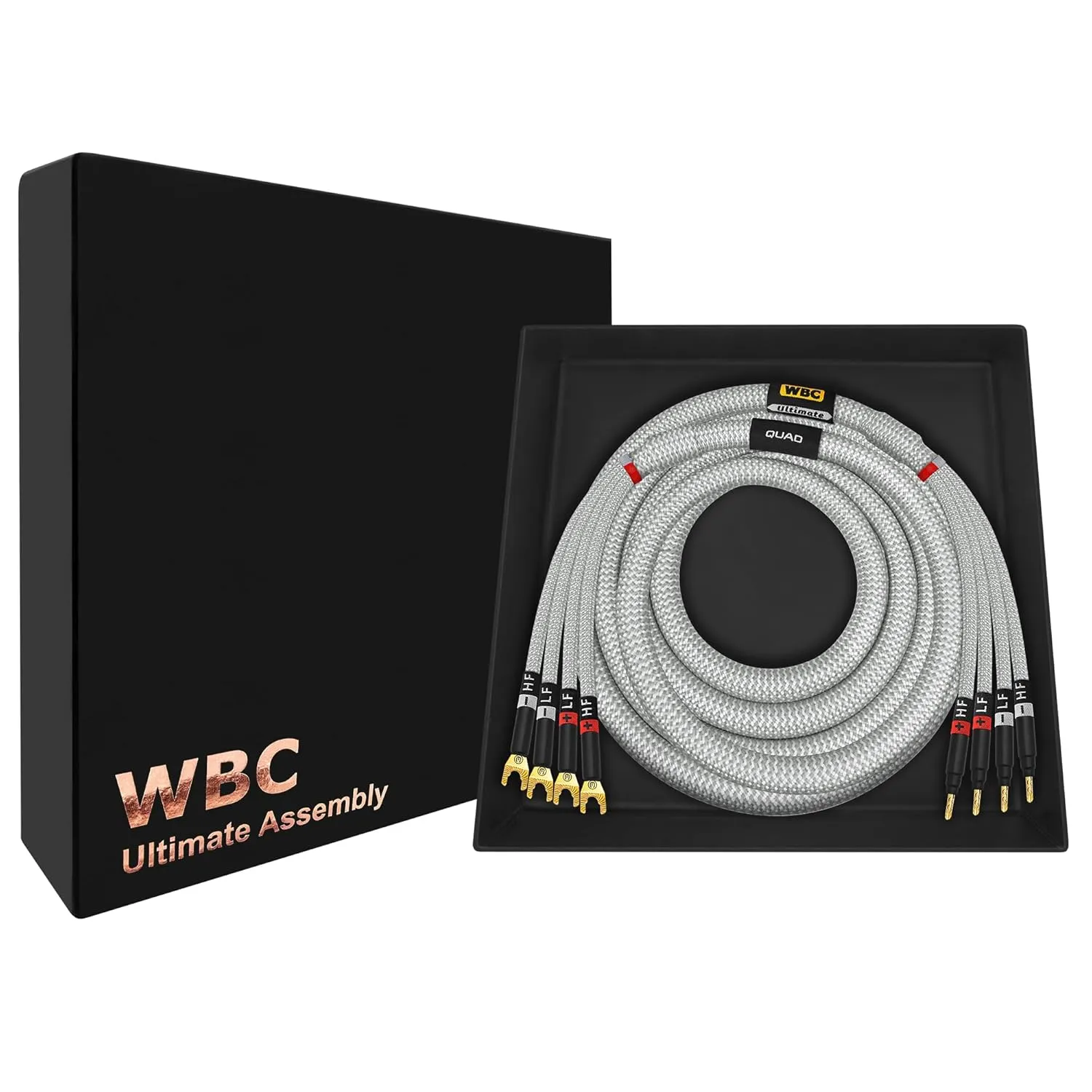 WORLDS BEST CABLES 8 Foot Ultimate - 12 AWG - Ultra-Pure OFC - Premium Audiophile HiFi Bi-Amp Speaker Cable for Center Channel - Eminence Gold Banana (x4) & Spade (x4) Plugs & Silver Tweed Jacket