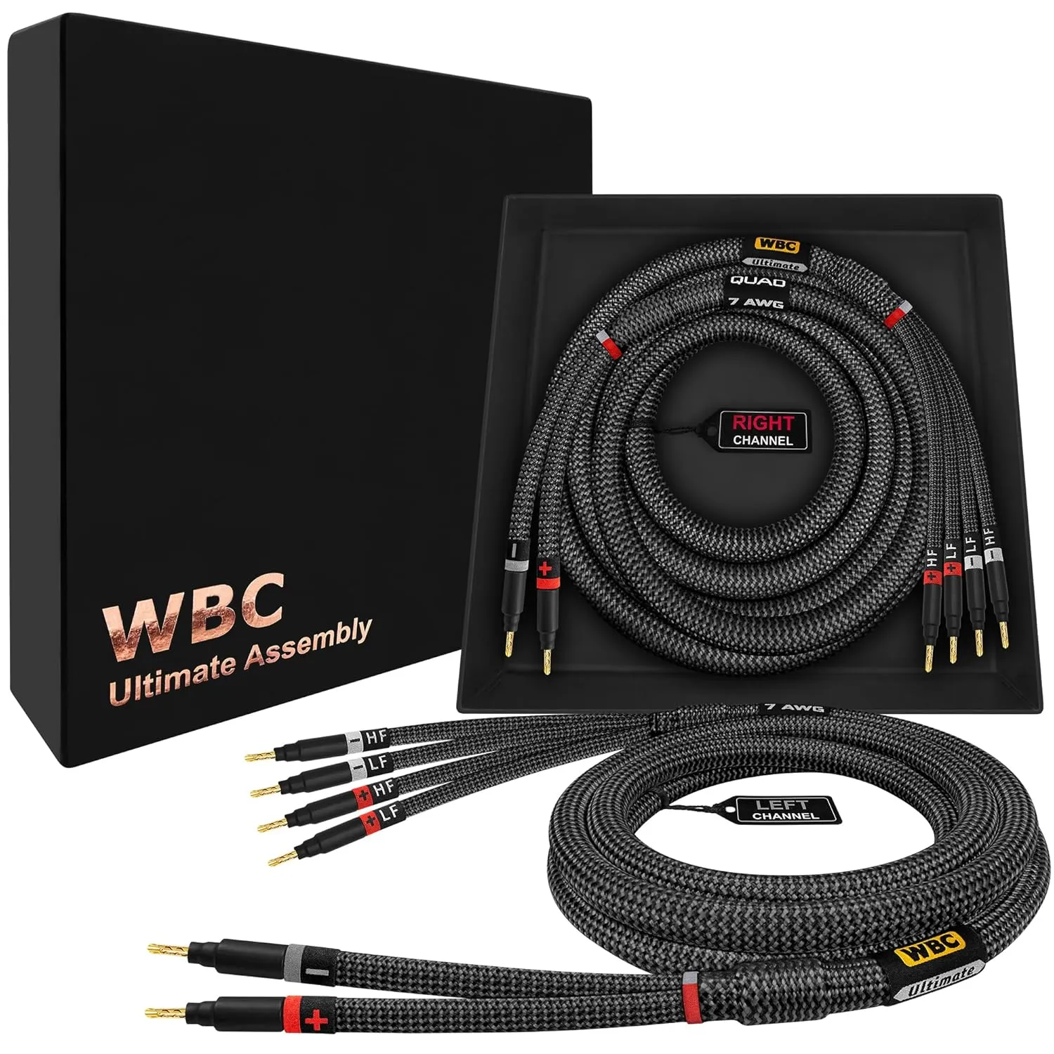 WORLDS BEST CABLES 8 Foot Ultimate - 7 AWG - Ultra-Pure OFC – Extra Premium Audiophile HiFi Bi-Wire Speaker Cable Pair with Eminence Gold Banana Plugs & Carbon Tweed Jacket