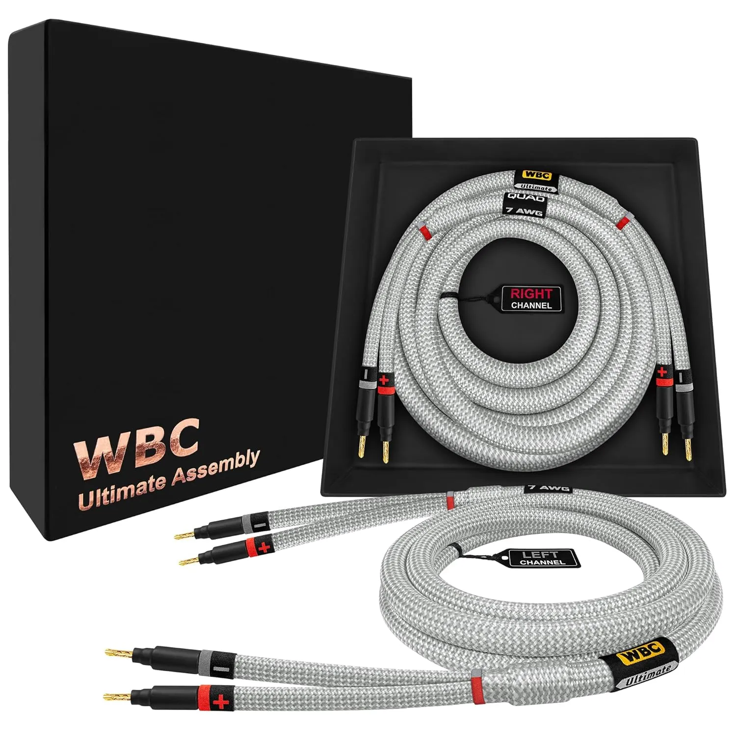 WORLDS BEST CABLES 8 Foot Ultimate - 7 AWG - Ultra-Pure OFC – Extra Premium Audiophile HiFi Speaker Cable Pair with Eminence Gold Banana Plugs & Silver Tweed Jacket