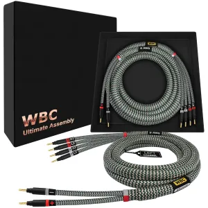 WORLDS BEST CABLES 8 Foot Ultimate - 9 AWG - Ultra-Pure OFC - Premium Audiophile HiFi Bi-Wire Speaker Cable Pair with Eminence Gold Banana Plugs & StlGrn Tweed Jacket