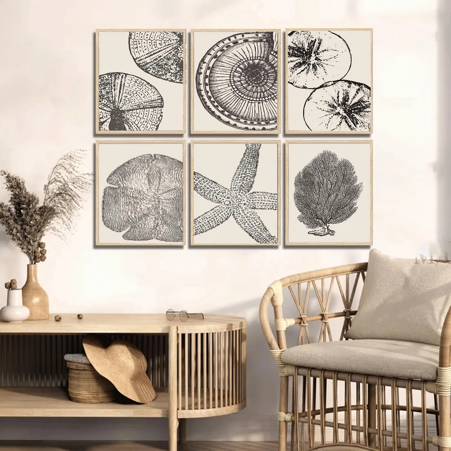 WYHLMTQ 6Pcs Boho Coastal Canvas Wall Art - Modern Abstract Shell Pictures - Unframed 12x16In - For Beach House, Bathroom, Living Room