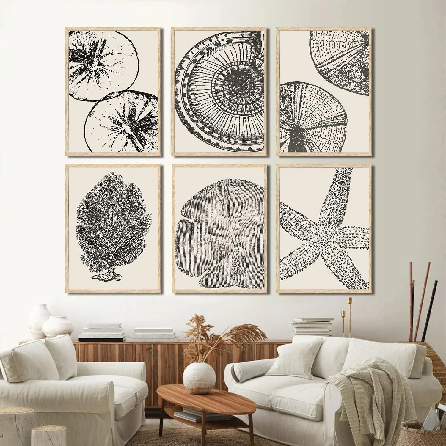 WYHLMTQ 6Pcs Boho Coastal Canvas Wall Art - Modern Abstract Shell Pictures - Unframed 12x16In - For Beach House, Bathroom, Living Room