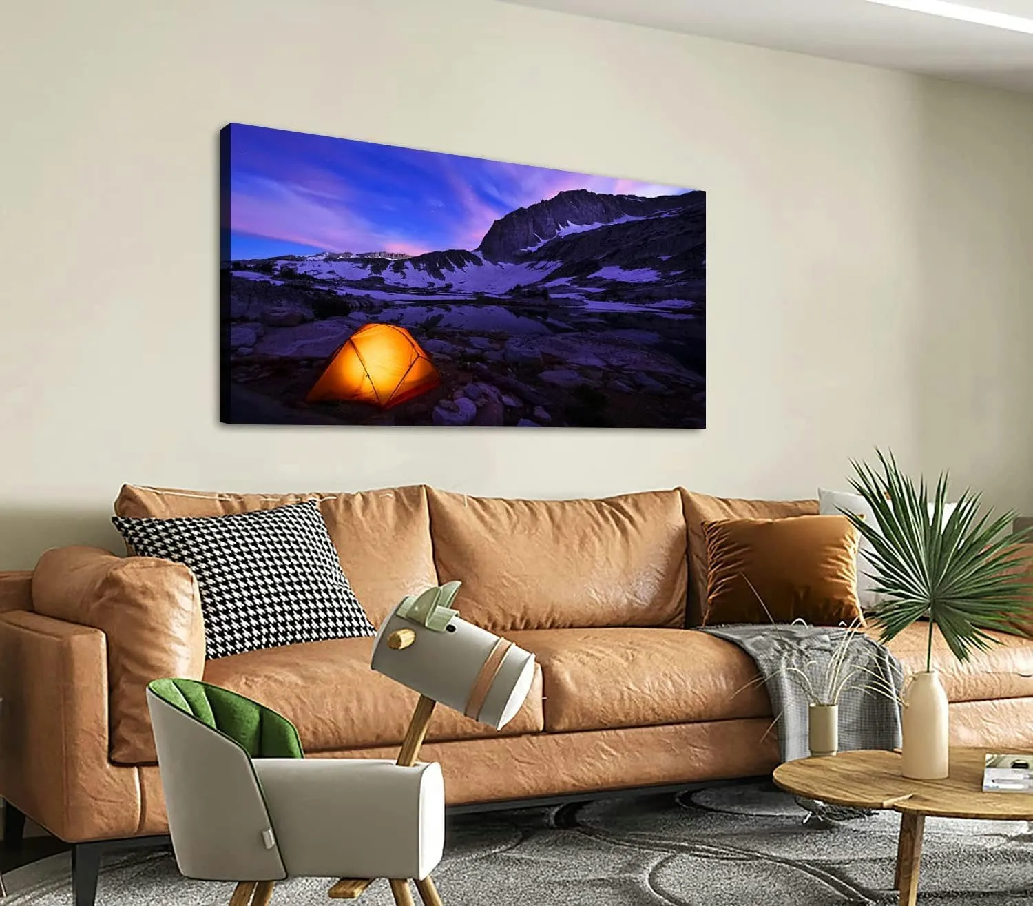 XidexFara Canvas Wall Art for Living Room Bedroom Illuminated yellow tent snowy mountains range at night Big Large Wall Art Decor Framed Painting Wall Pictures Prints Artwork Office, Mulit7