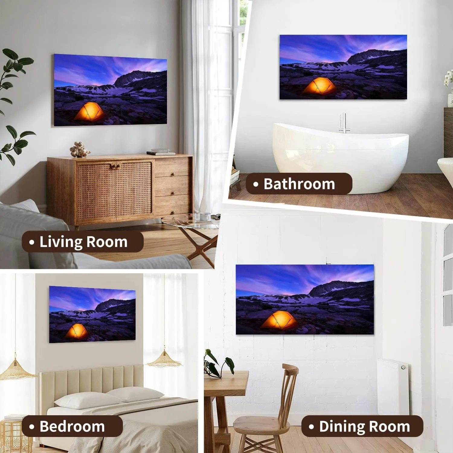 XidexFara Canvas Wall Art for Living Room Bedroom Illuminated yellow tent snowy mountains range at night Big Large Wall Art Decor Framed Painting Wall Pictures Prints Artwork Office, Mulit7