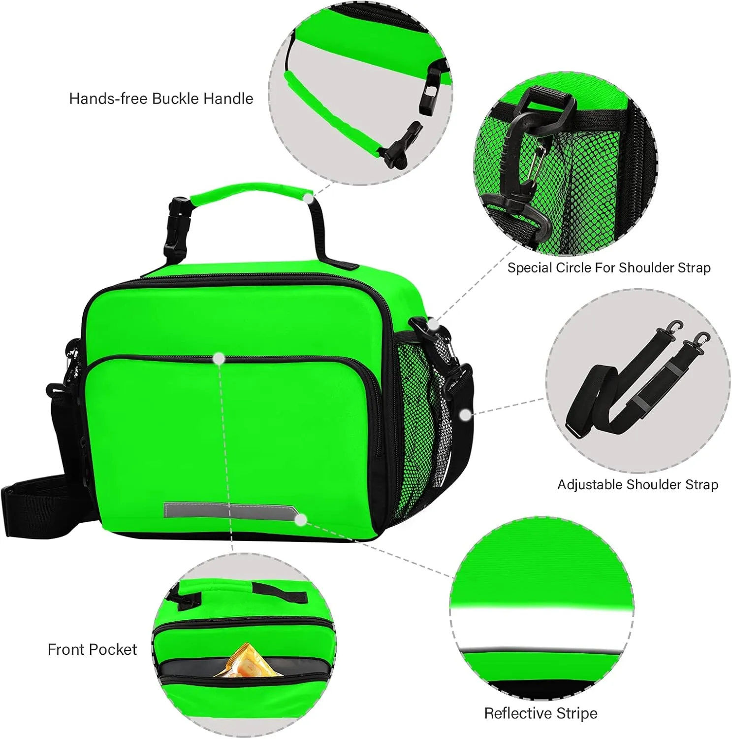 xigua Reusable Lunch Bag Insulated Lunch Box Cooler Tote Removable Shoulder Strap Meal Picnic Bags for Outdoor School Travel Office Work, Plain Neon Green Solid Color