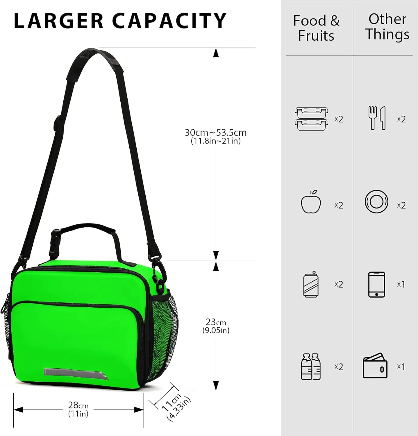 xigua Reusable Lunch Bag Insulated Lunch Box Cooler Tote Removable Shoulder Strap Meal Picnic Bags for Outdoor School Travel Office Work, Plain Neon Green Solid Color