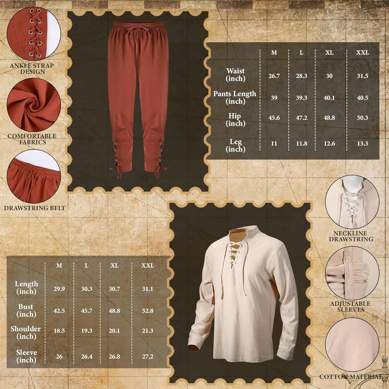 Xtinmee 4 Pcs Halloween Men Renaissance Costume Set Medieval Pirate Viking Costume Shirt Pant Belt Bag