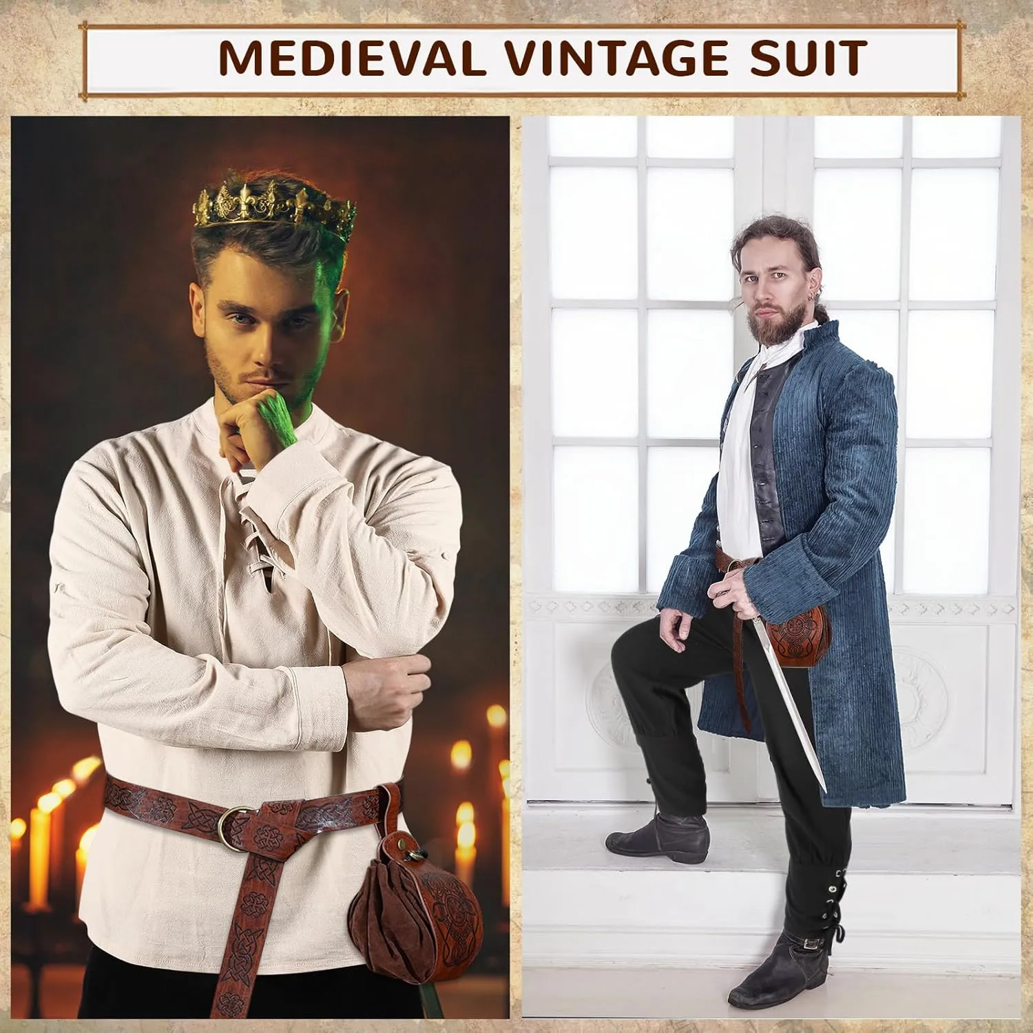 Xtinmee 4 Pcs Halloween Men Renaissance Costume Set Medieval Pirate Viking Costume Shirt Pant Belt Bag