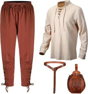 Xtinmee 4 Pcs Halloween Men Renaissance Costume Set Medieval Pirate Viking Costume Shirt Pant Belt Bag
