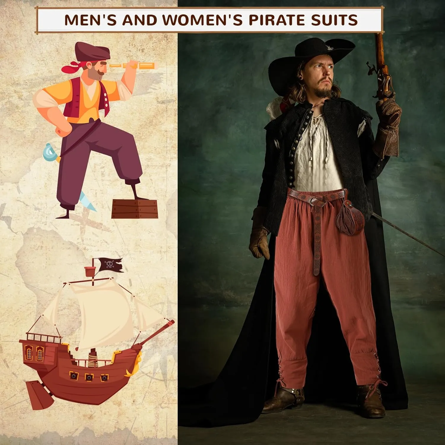 Xtinmee 4 Pcs Halloween Men Renaissance Costume Set Medieval Pirate Viking Costume Shirt Pant Belt Bag