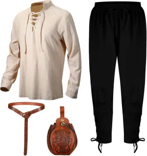 Xtinmee 4 Pcs Halloween Men Renaissance Costume Set Medieval Pirate Viking Costume Shirt Pant Belt Bag