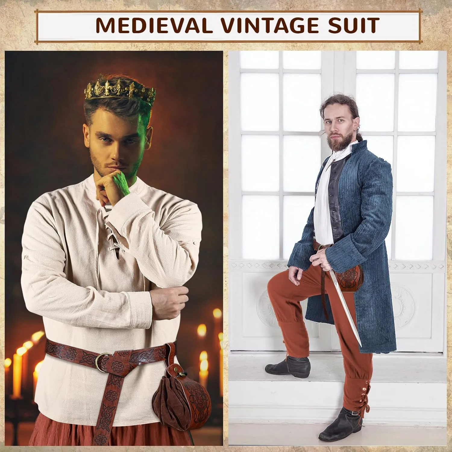 Xtinmee 4 Pcs Halloween Men Renaissance Costume Set Medieval Pirate Viking Costume Shirt Pant Belt Bag