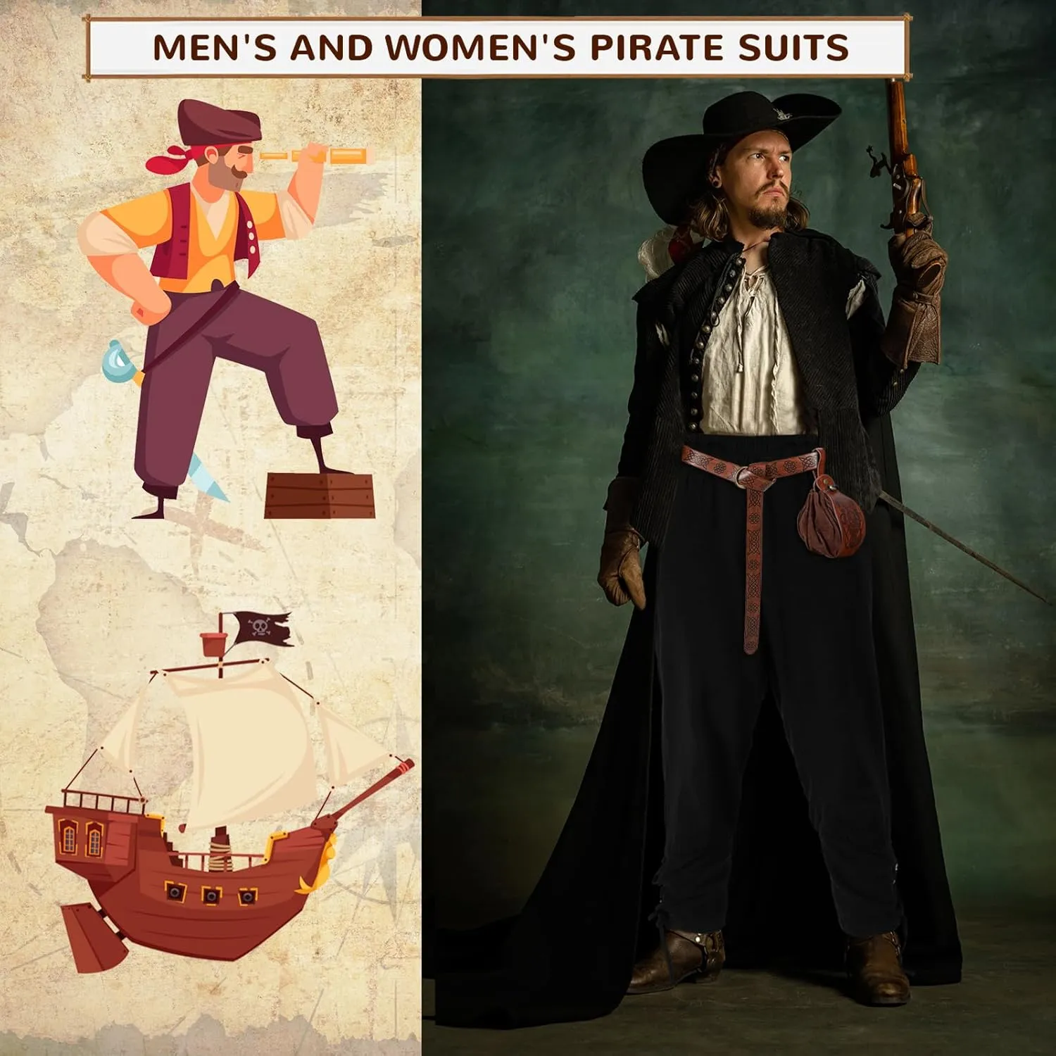 Xtinmee 4 Pcs Halloween Men Renaissance Costume Set Medieval Pirate Viking Costume Shirt Pant Belt Bag