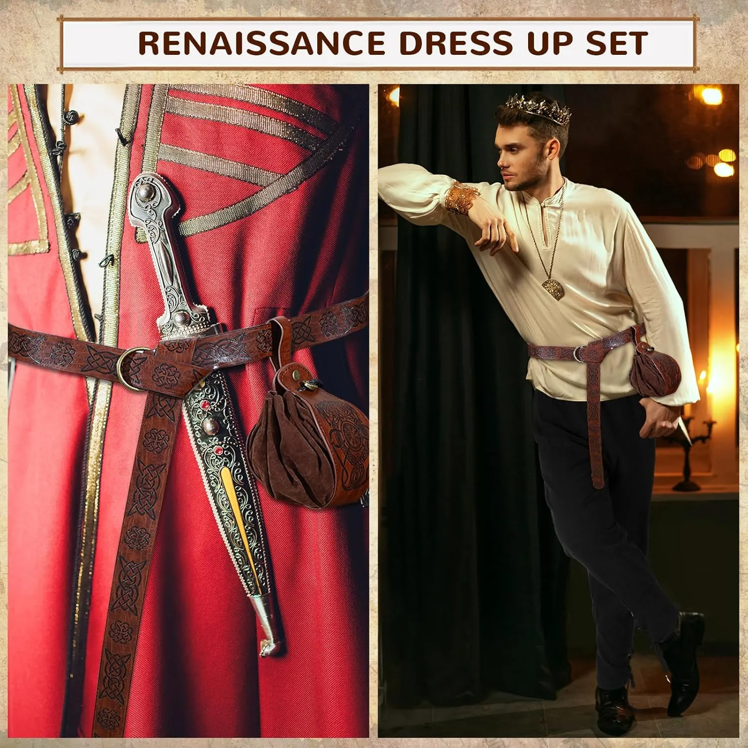 Xtinmee 4 Pcs Halloween Men Renaissance Costume Set Medieval Pirate Viking Costume Shirt Pant Belt Bag